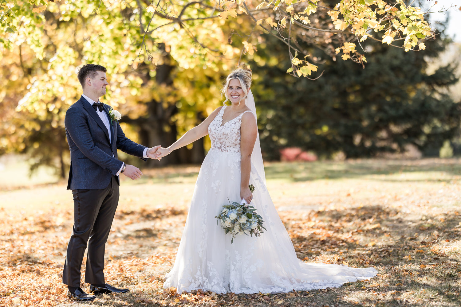 bride and groom photo outside in the fall